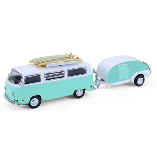 1971 Volkswagen Type 2 Hitch & Tow Series 33 With Surfboards And Teardrop Trailer Diecast Model Car 1:64 Scale (Approx. 7Cm) Collectible 1