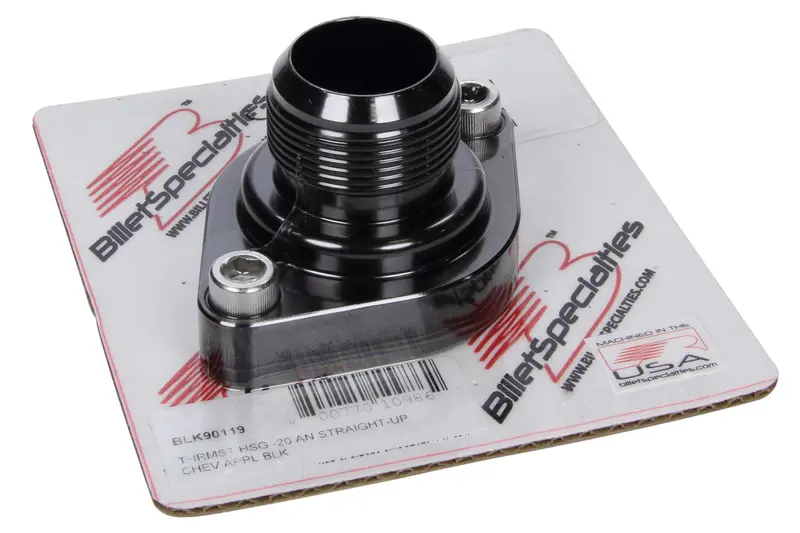 Billet Specialties -20An Straight-Up Thermostat Housing – Chevy Engine, Black Anodized 1